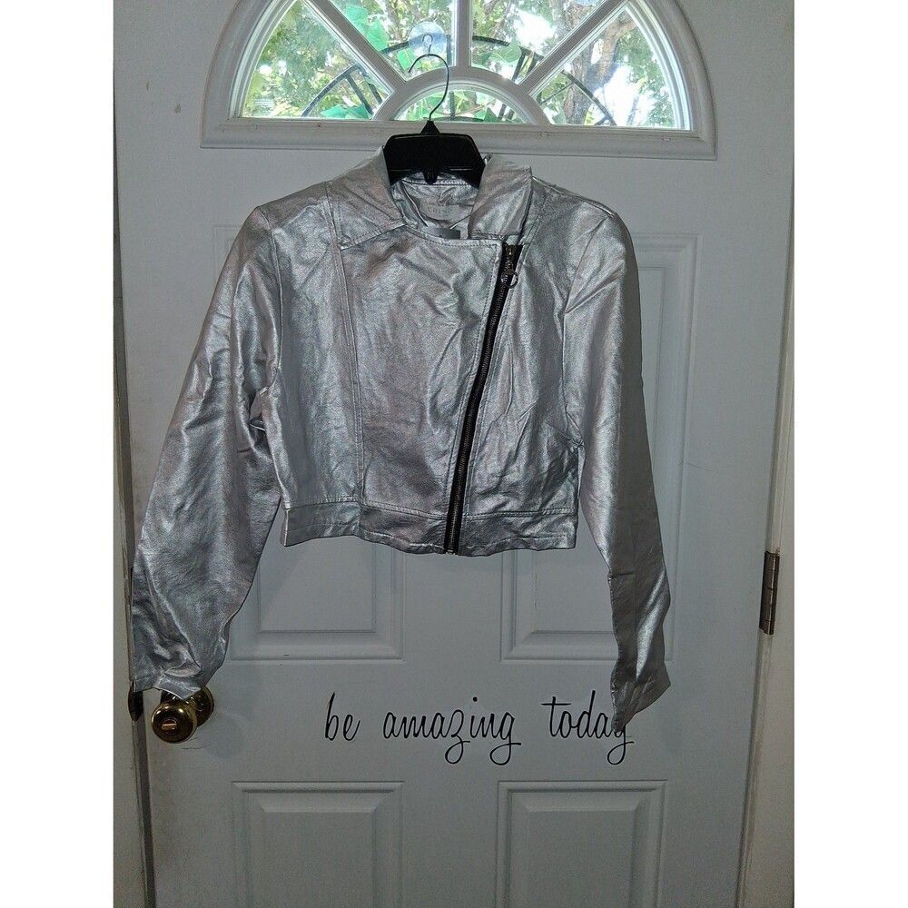 KRISP London Jacket Crop Silver Metallic Faux Leather Moto Small/Medium NWT